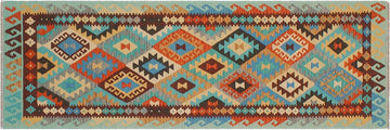 Flat Weave Kilim, Antique, Navaho, Vintage, Handmade, Geometric Kilim Blue Rust Hand-Woven Runner 100% Wool Area Rug 3 x 9